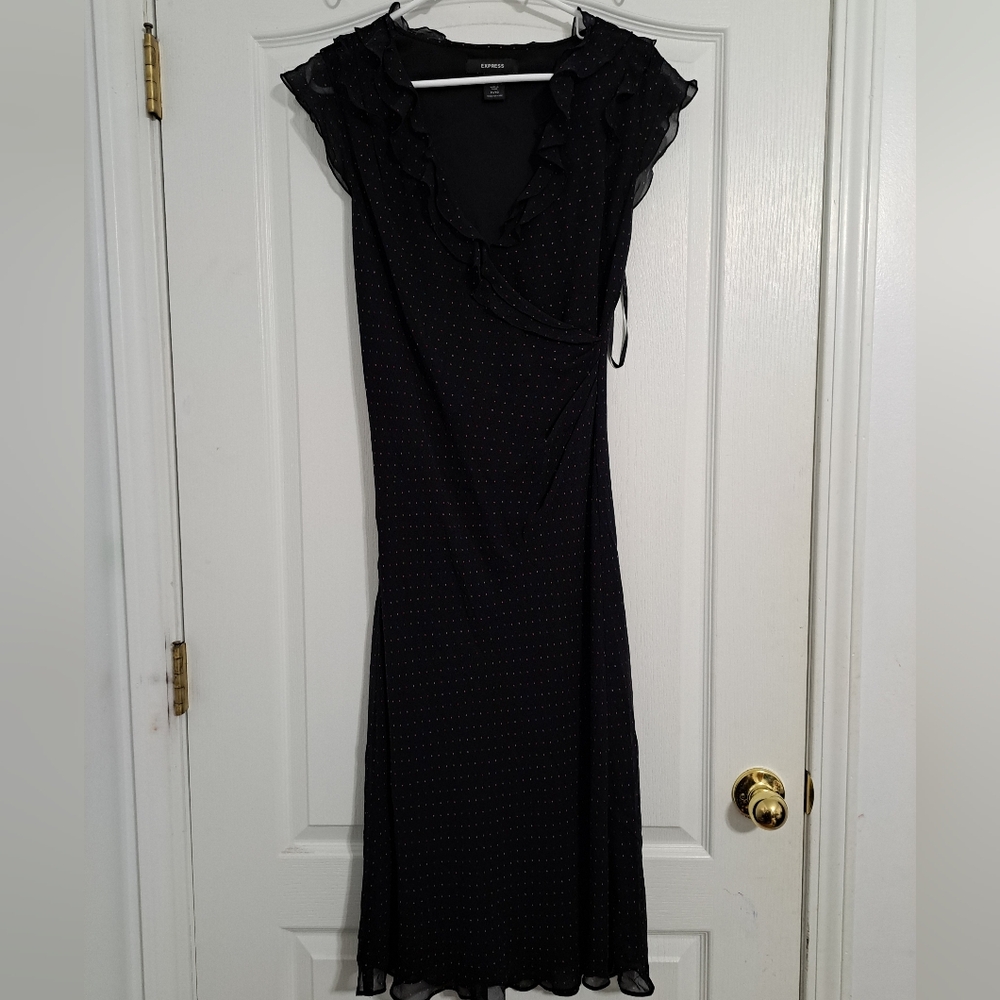 Express Women Silk Ruffled Polka Dot Dress V Neck Lined Black Sz 11/12